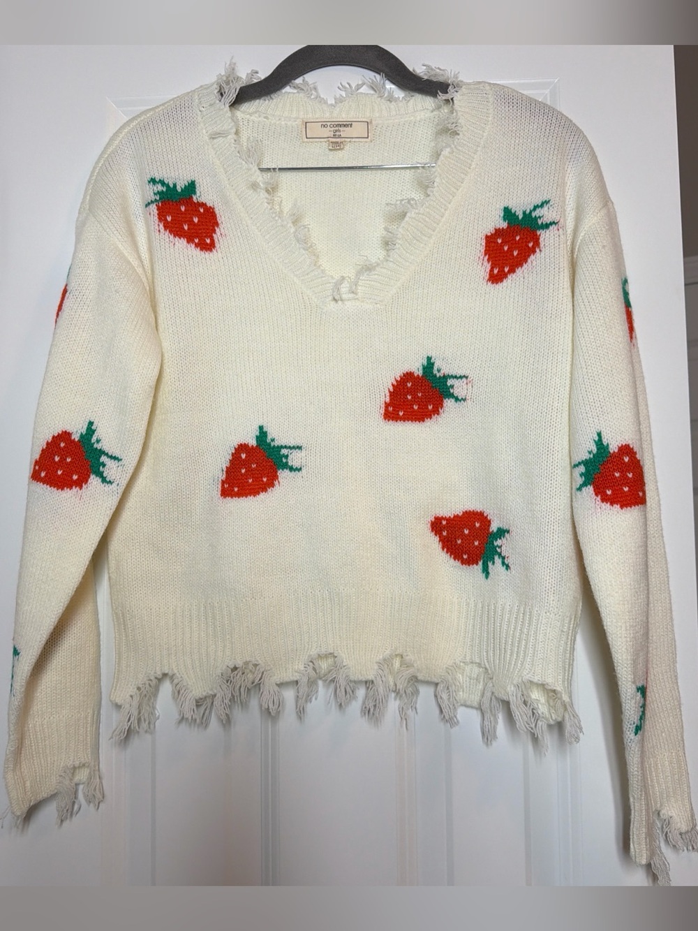 No Comment Cream Strawberry V-Neck Sweater